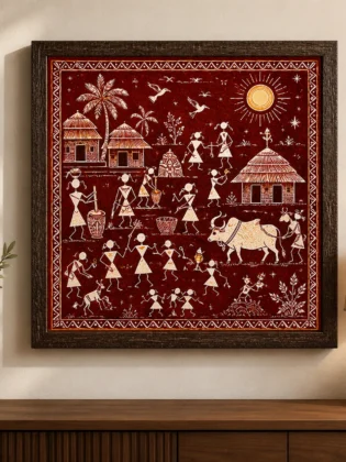 Warli Village Life & Sunshine Celebration Canvas Print - Traditional Indian Tribal Wall Art