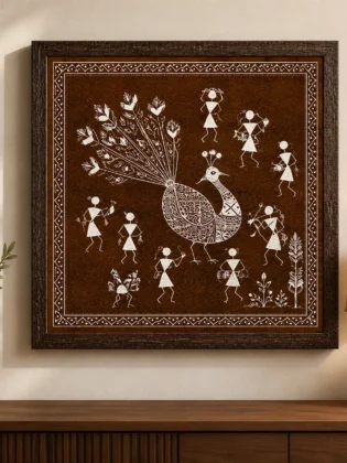 Warli Majestic Peacock & Tribal Dancers Canvas Print - Traditional Indian Folk Wall Art
