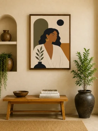 Minimalist Woman Portrait Canvas Print - Earthy Olive Green & Terracotta Boho Wall Art