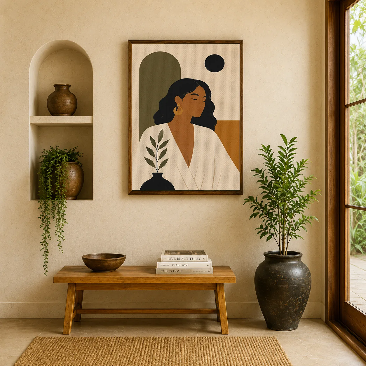 Minimalist Woman Portrait Canvas Print - Earthy Olive Green & Terracotta Boho Wall Art