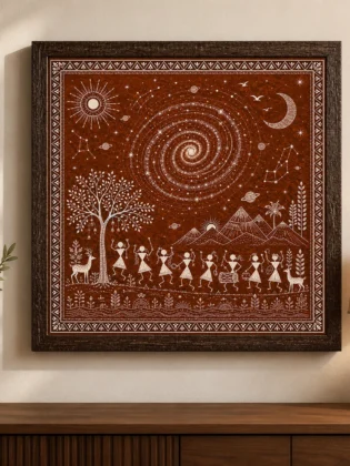 Warli Cosmic Galaxy & Dancing Tribal Figures Canvas Print - Traditional Indian Folk Wall Art
