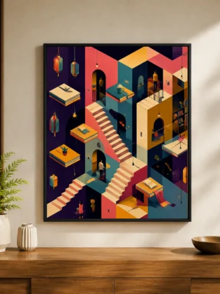 Retro Surreal Library Canvas Print - Geometric Optical Illusion Book Wall Art