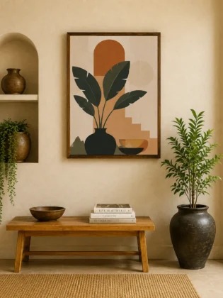 Minimalist Tropical Plant in Vase Canvas Print - Terracotta Arch & Palm Leaf Boho Wall Art