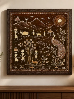 Warli Peacock & Mountain Village Scene Canvas Print - Traditional Indian Tribal Wall Art