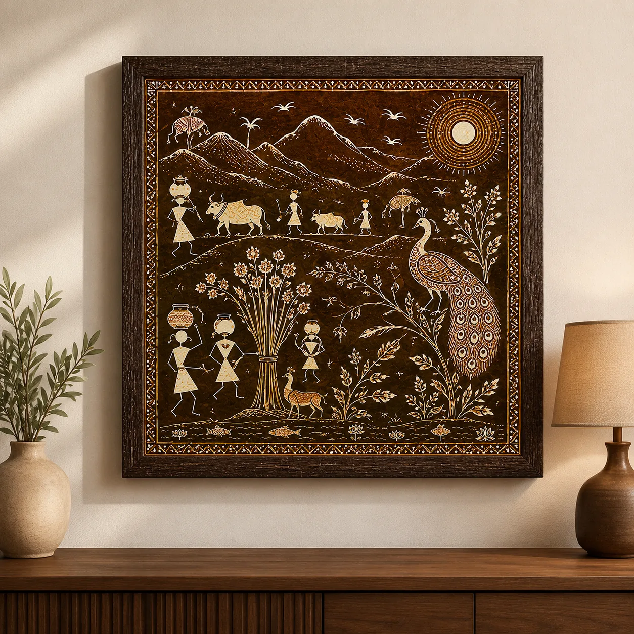 Warli Peacock & Mountain Village Scene Canvas Print - Traditional Indian Tribal Wall Art