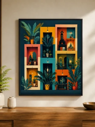 Retro Geometric Balcony Canvas Print - Mid-Century Tropical Architecture Wall Art
