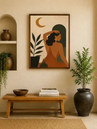 Minimalist Woman & Crescent Moon Canvas Print - Terracotta & Olive Green Boho Wall Art