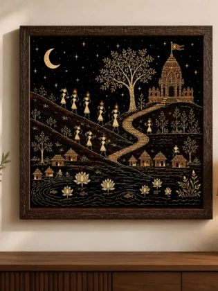 Warli Temple Pilgrimage & Night Village Procession Canvas Print - Traditional Indian Tribal Wall Art