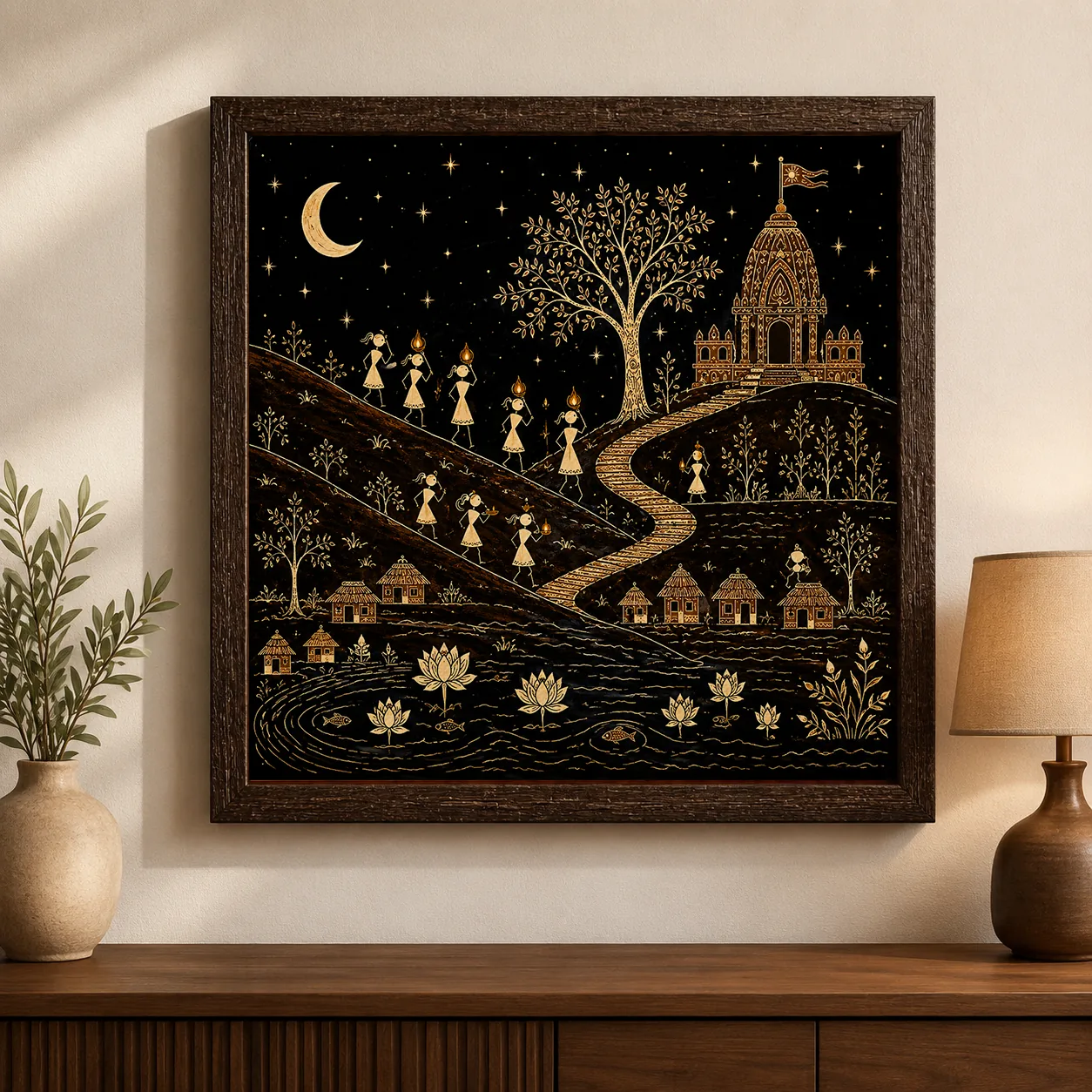 Warli Temple Pilgrimage & Night Village Procession Canvas Print - Traditional Indian Tribal Wall Art