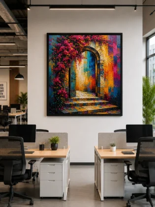 Mediterranean Archway Door & Bougainvillea Color Maximal Canvas Print - Retro Impasto Architecture Wall Art