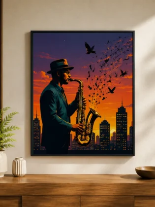 Retro Jazz Saxophonist Canvas Print - City Sunset Skyline Wall Art