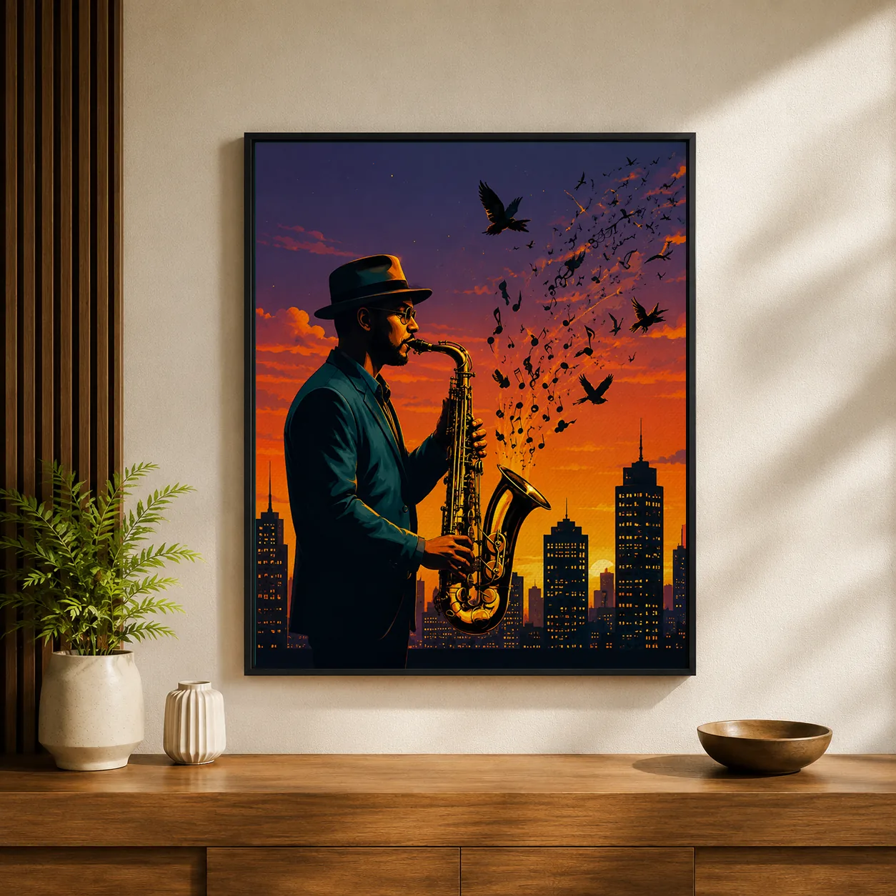 Retro Jazz Saxophonist Canvas Print - City Sunset Skyline Wall Art