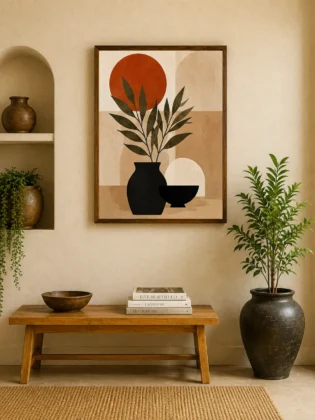 Minimalist Botanical Vase & Terracotta Sun Canvas Print - Olive Green Leaf & Black Ceramic Still Life Boho Wall Art