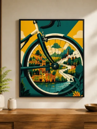Retro Bicycle Wheel Coastal Landscape Canvas Print - Vintage Italian Village Wall Art
