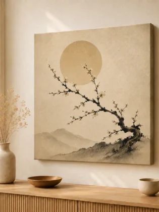 Japanese Plum Blossom & Golden Sun Canvas Print – Zen Botanical Wall Art