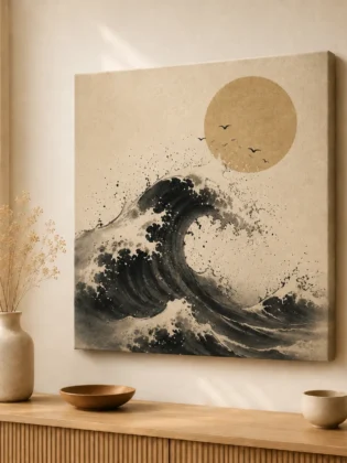 Japanese Great Wave & Golden Sun Canvas Print – Vintage Ocean Sumi-e Wall Art