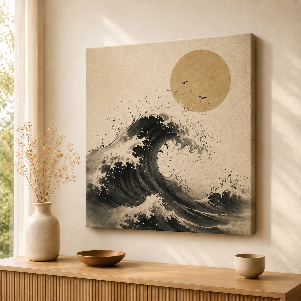 Japanese Great Wave & Golden Sun Canvas Print – Vintage Ocean Sumi-e Wall Art