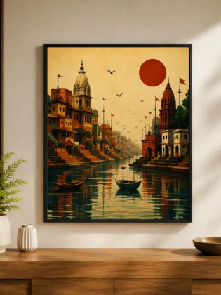 Retro Varanasi Ghats Canvas Print - Vintage Indian Temple Sunset Wall Art