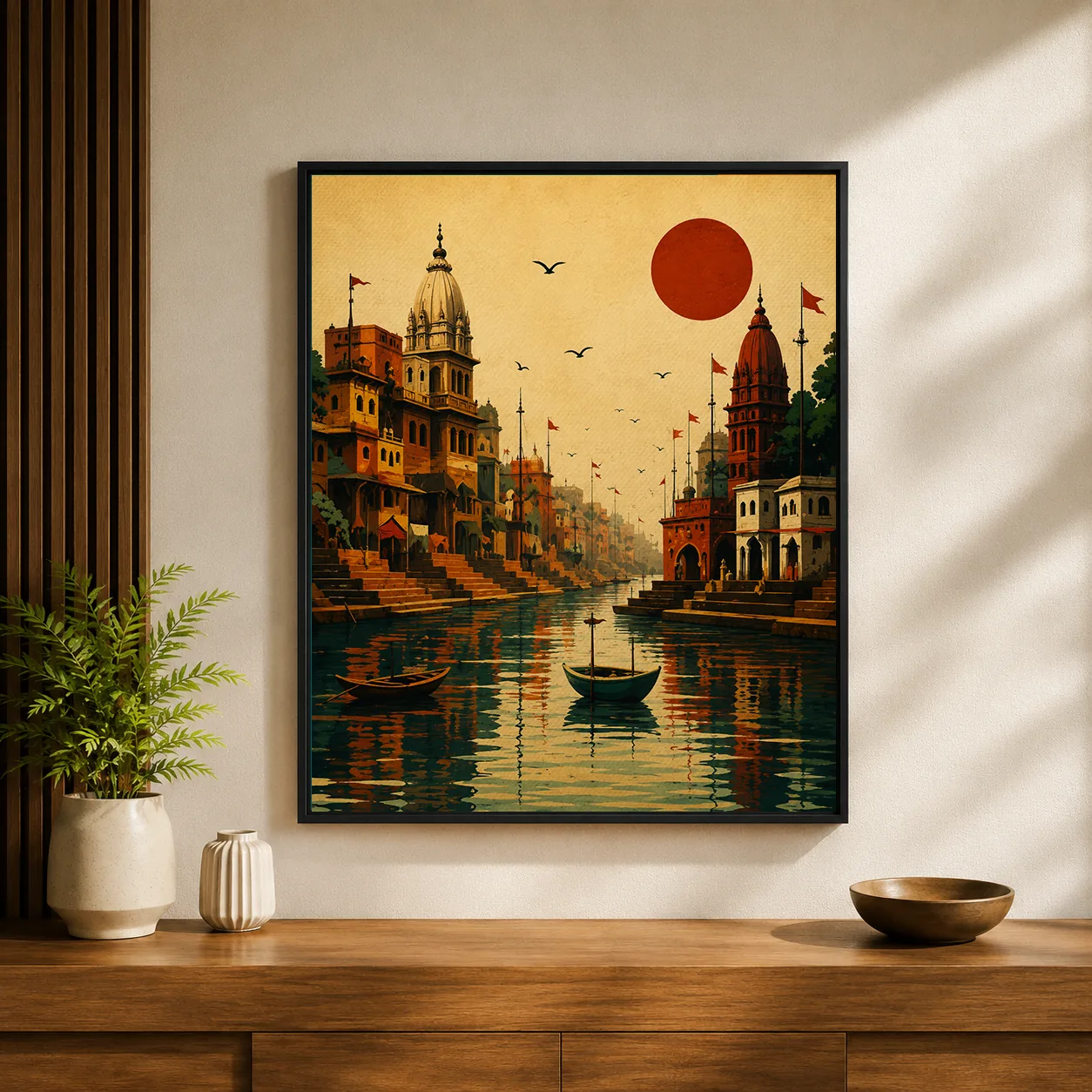 Retro Varanasi Ghats Canvas Print - Vintage Indian Temple Sunset Wall Art