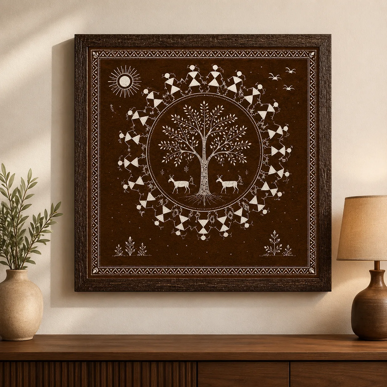 Warli Tree of Life Canvas Print - Traditional Indian Folk Art