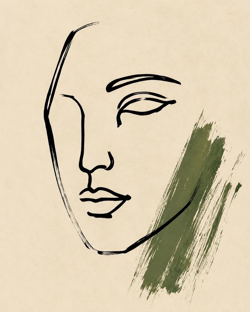 Earthy Sage Abstract Face Canvas Art – Minimalist Line Illustration - Image 2