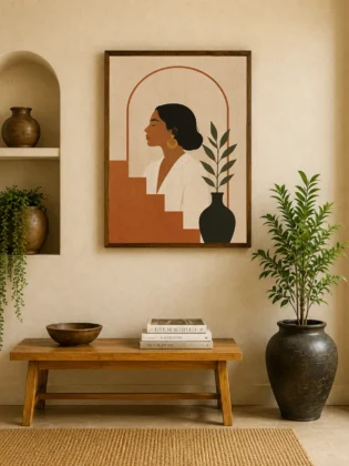 Minimalist Woman Portrait Canvas Print - Terracotta Arch & Botanical Vase Boho Wall Art