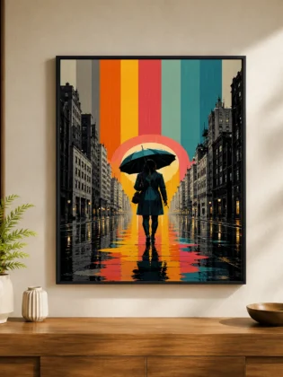 Retro Rainy City Street Canvas Print - Vintage Rainbow Reflection Wall Art