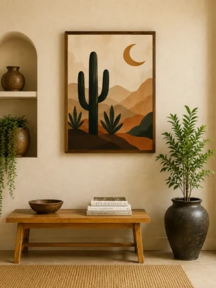 Desert Cactus & Crescent Moon Canvas Print - Earthy Terracotta & Mountain Landscape Boho Wall Art