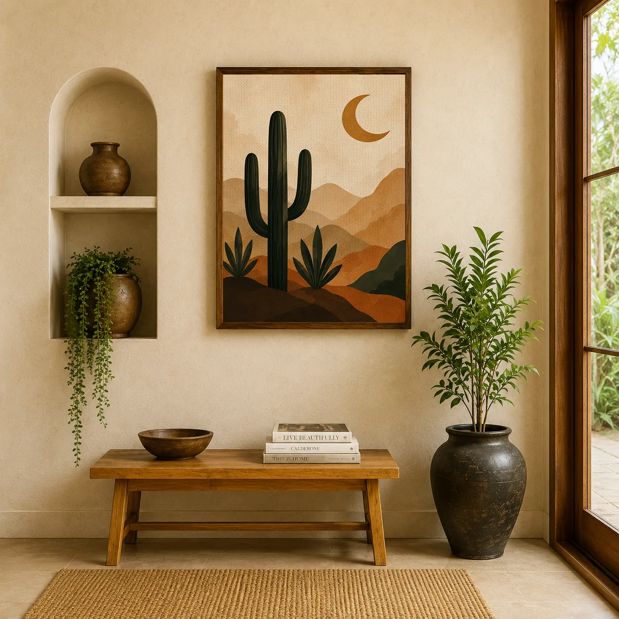 Desert Cactus & Crescent Moon Canvas Print - Earthy Terracotta & Mountain Landscape Boho Wall Art