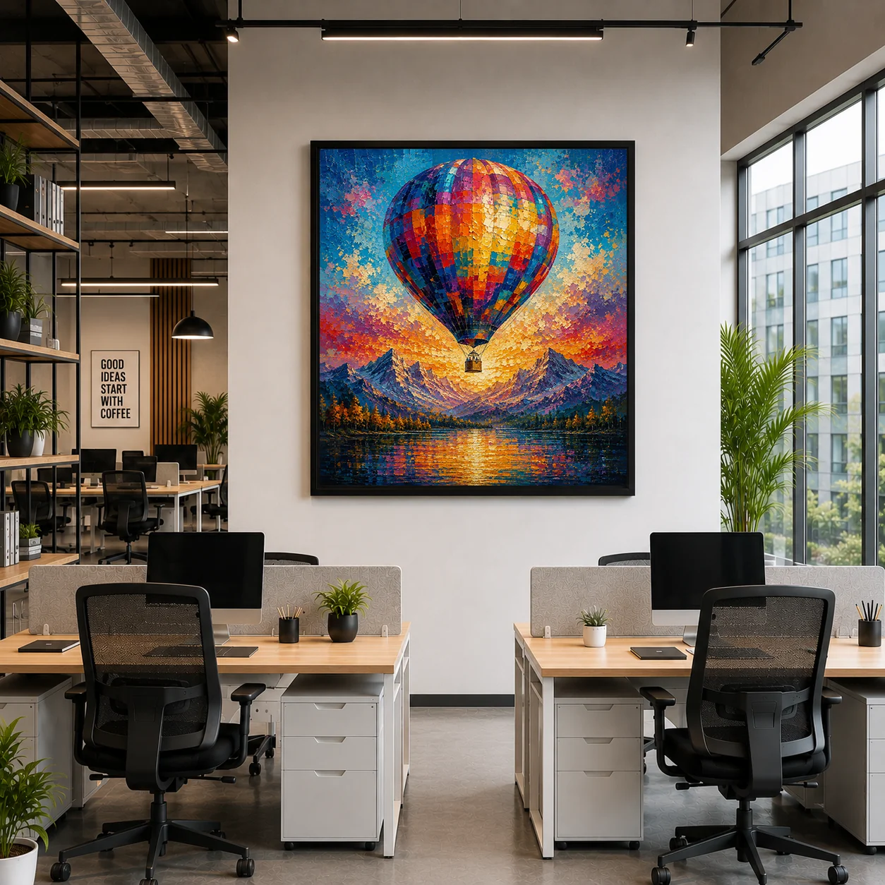 Hot Air Balloon Mountain Landscape Color Maximal Canvas Print - Retro Impasto Nature Wall Art