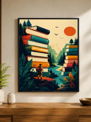 Retro Mountain Stacked Books Canvas Print - Vintage Reader Wanderlust Wall Art