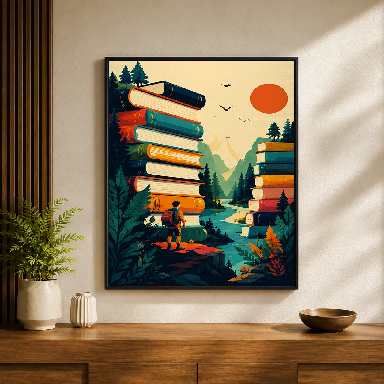 Retro Mountain Stacked Books Canvas Print - Vintage Reader Wanderlust Wall Art