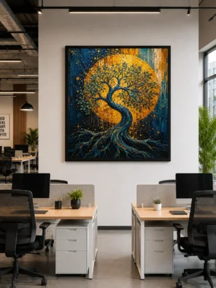Tree of Life Golden Moon Celestial Canvas Print - Retro Impasto Nature Wall Art