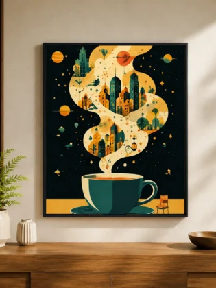 Retro Cosmic Coffee City Canvas Print - Surreal Floating Steam Skyline Wall Art
