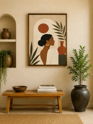 Minimalist Woman Profile Canvas Print - Terracotta Sun & Palm Leaf Boho Wall Art