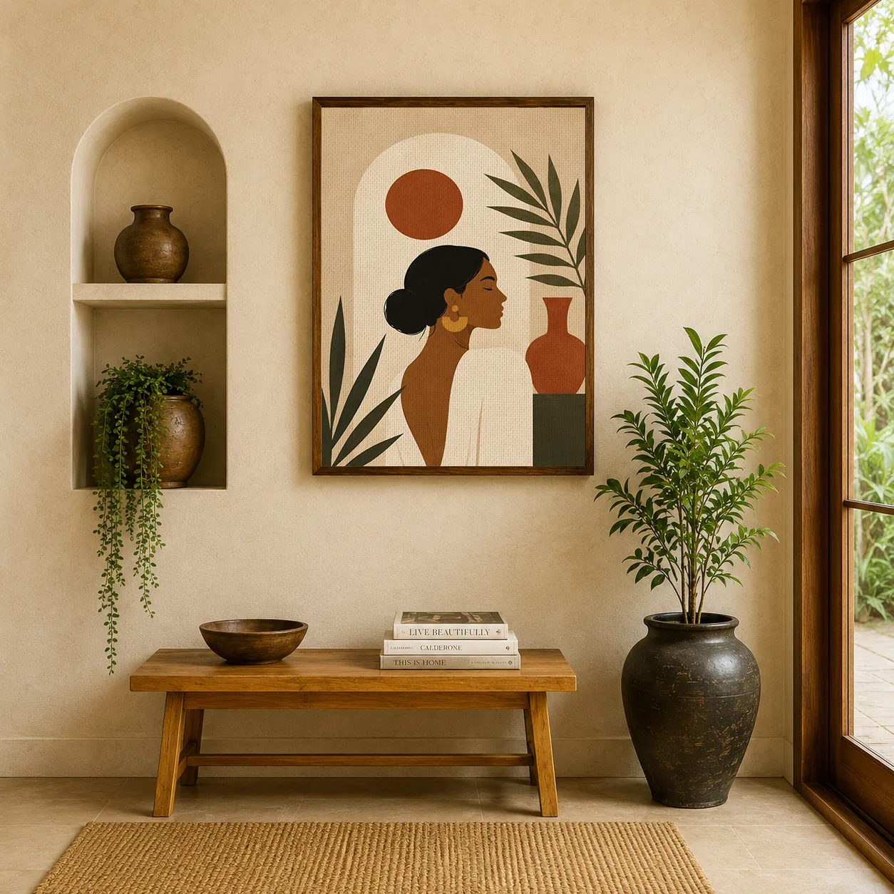 Minimalist Woman Profile Canvas Print - Terracotta Sun & Palm Leaf Boho Wall Art