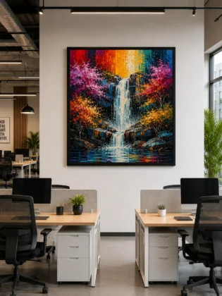 Waterfall Mountain Landscape Color Maximal Canvas Print - Retro Impasto Nature Wall Art for Home &