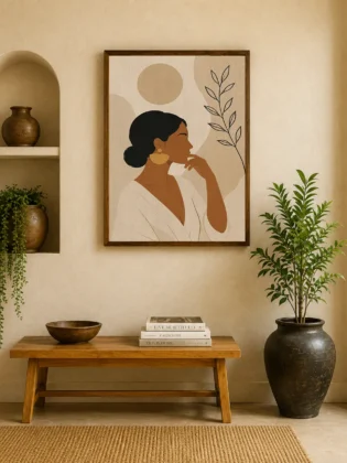 Minimalist Thinking Woman Canvas Print - Warm Ochre & Botanical Line Art Boho Wall Art