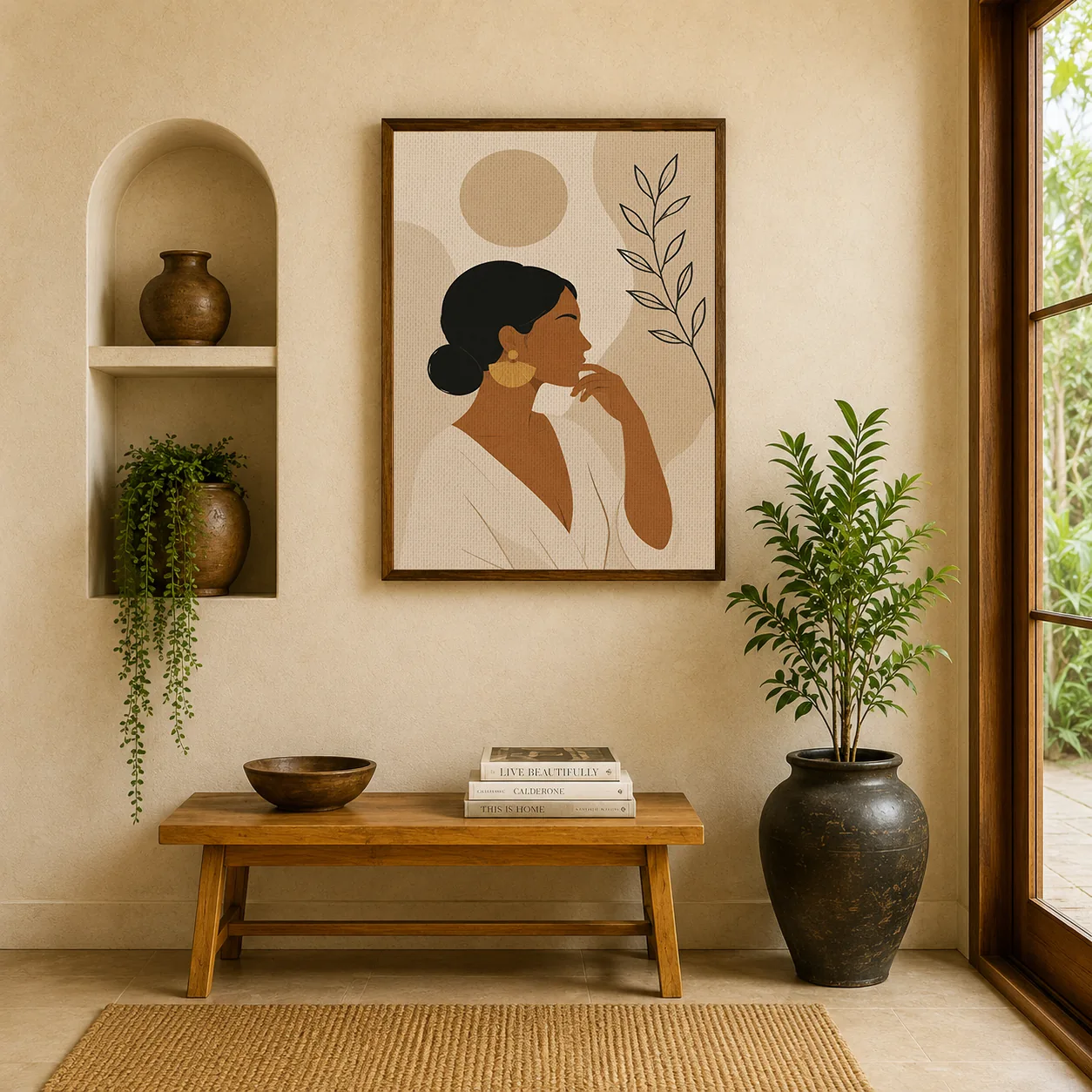 Minimalist Thinking Woman Canvas Print - Warm Ochre & Botanical Line Art Boho Wall Art