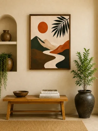 Minimalist Mountain Landscape Canvas Print - Terracotta Sun & Winding River Boho Wall Art
