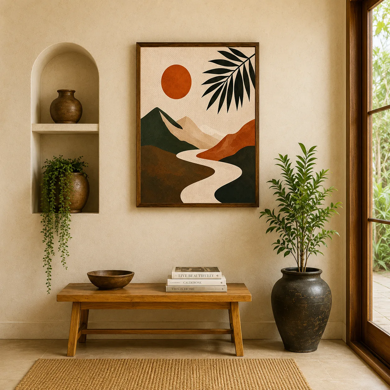 Minimalist Mountain Landscape Canvas Print - Terracotta Sun & Winding River Boho Wall Art