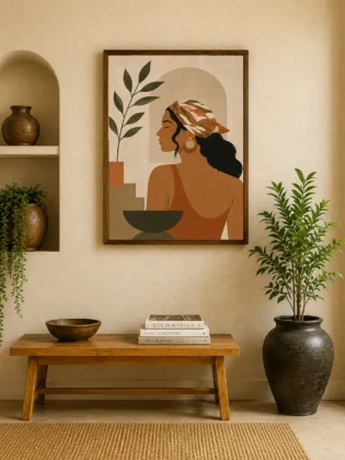 Minimalist Woman in Headscarf Canvas Print - Terracotta & Olive Green Boho Wall Art