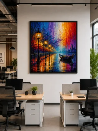 European Waterfront Streetscape Color Maximal Canvas Print - Retro Impasto Night Cityscape Wall Art