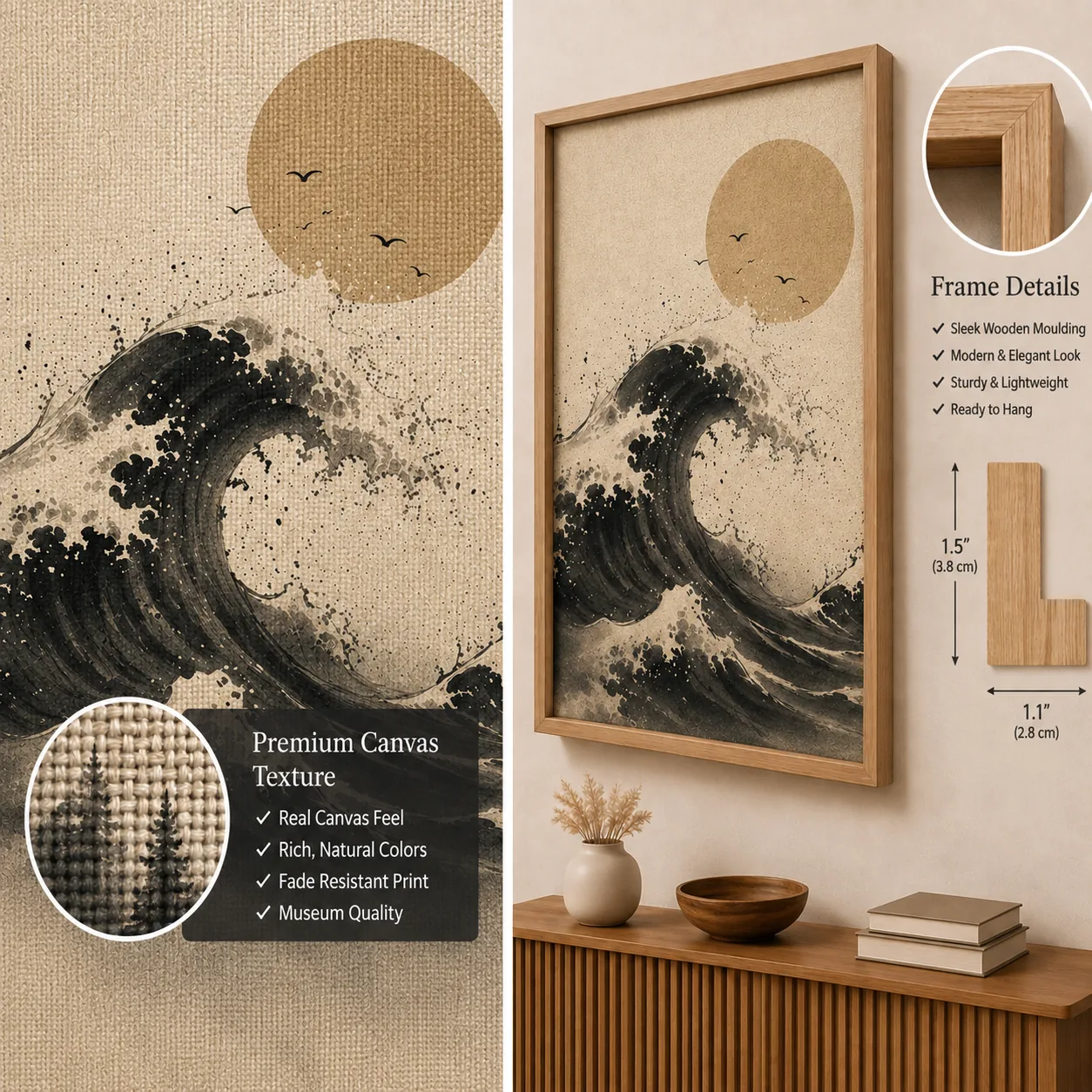 Japanese Great Wave & Golden Sun Canvas Print – Vintage Ocean Sumi-e Wall Art - Image 3