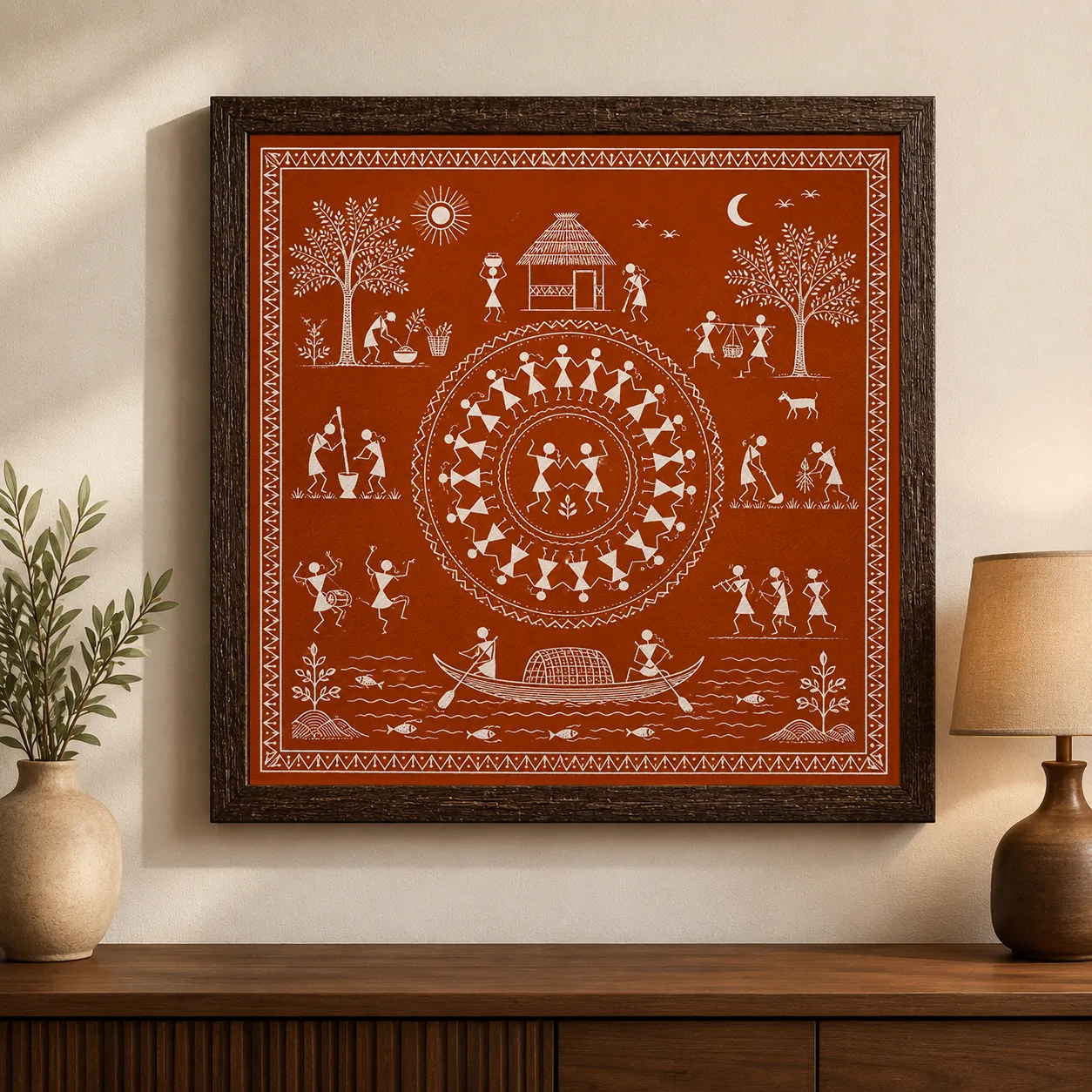 Traditional Warli Village Life & Celebration Canvas Print - Indian Tribal Wall Art