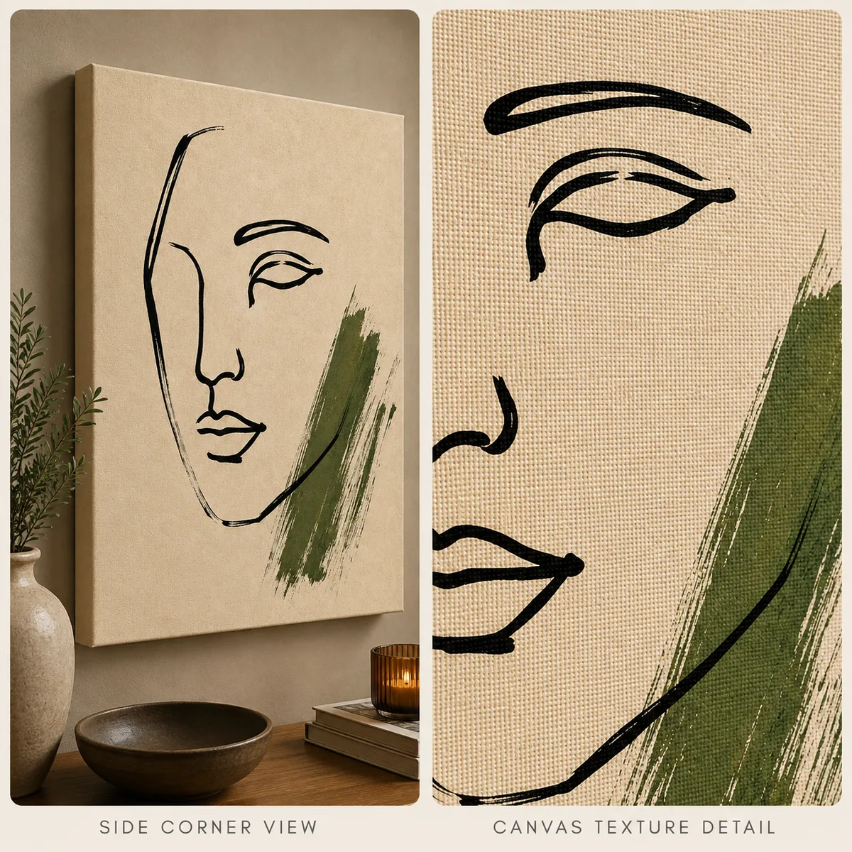 Earthy Sage Abstract Face Canvas Art – Minimalist Line Illustration - Image 3