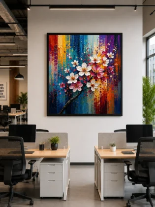 Cherry Blossom Branch Color Maximal Canvas Print - Retro Impasto Floral Wall Art
