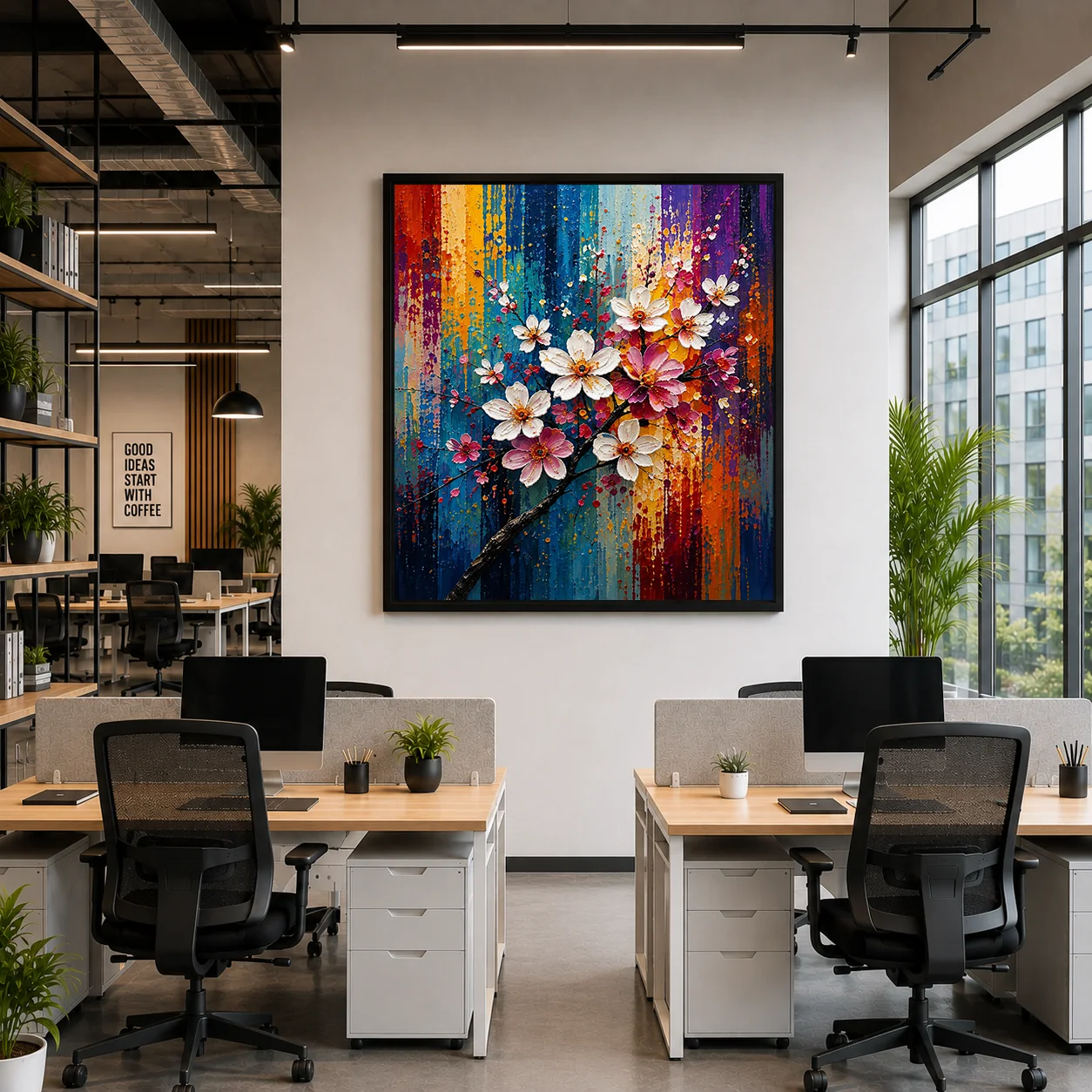 Cherry Blossom Branch Color Maximal Canvas Print - Retro Impasto Floral Wall Art