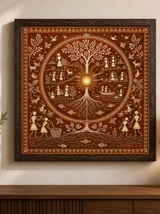 Warli Sacred Tree of Life Canvas Print - Golden Sun Indian Tribal Wall Art