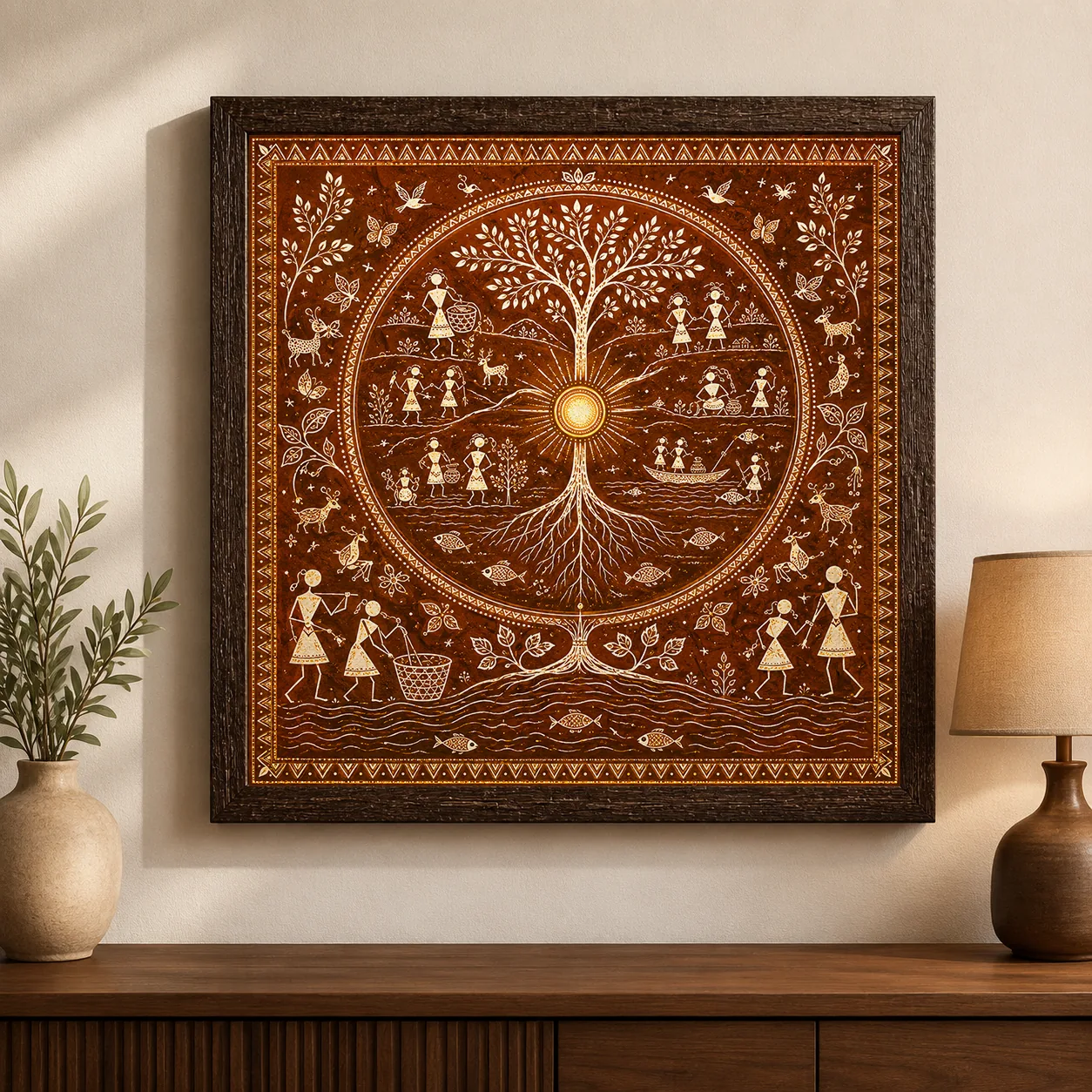 Warli Sacred Tree of Life Canvas Print - Golden Sun Indian Tribal Wall Art